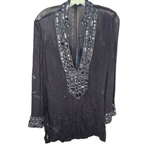 Kareenas Black 100% Silk Beaded Sheer Tunic Top Deep V-Neck Crystal Cuffs Small